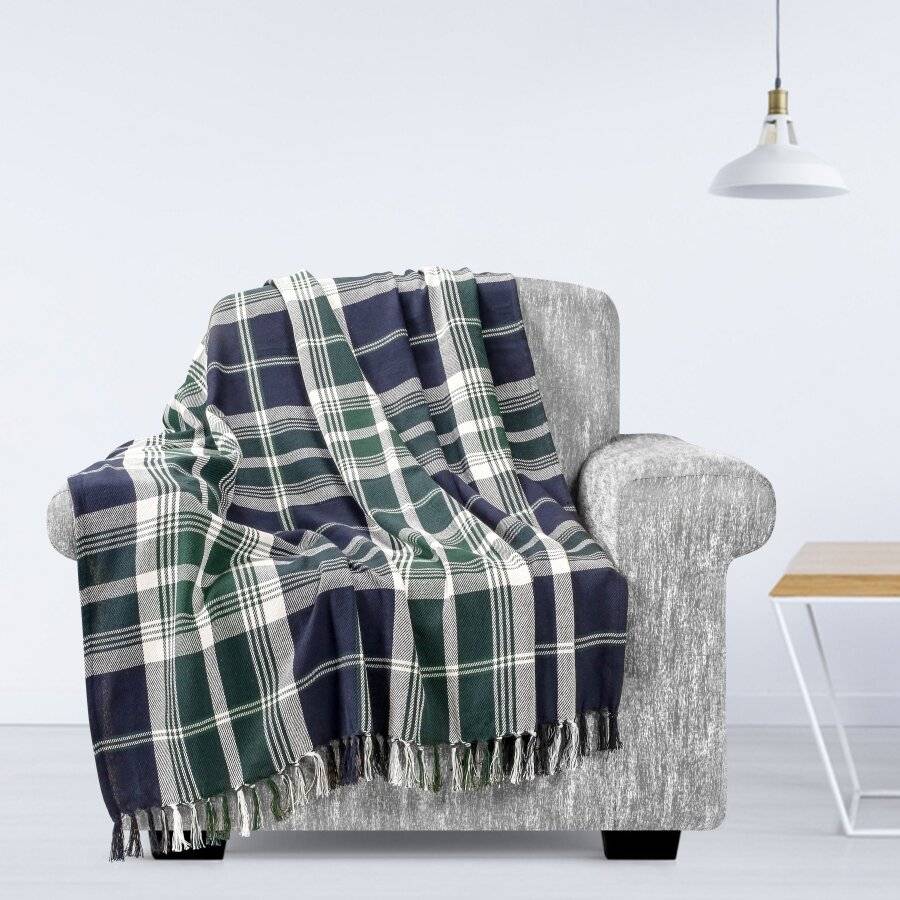 EHC Highland Large Cotton Throw For Bed, Sofa or Armchair, Navy Blue