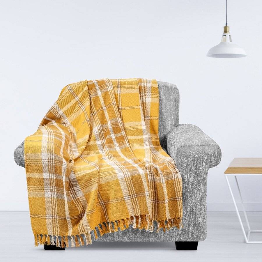 EHC Highland Large Cotton Throw For Sofa, Double Bed, Armchair - Ochre