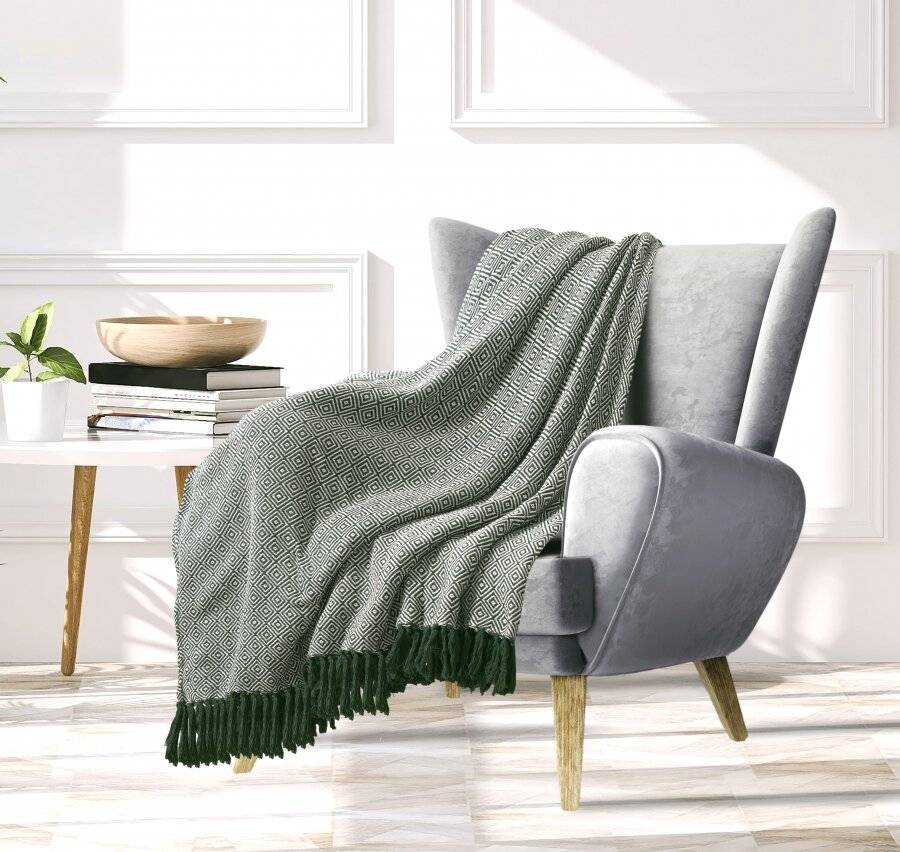 EHC King Size Big Diamond Woven Cotton Throw, Ivory/Green, 225 x 250cm