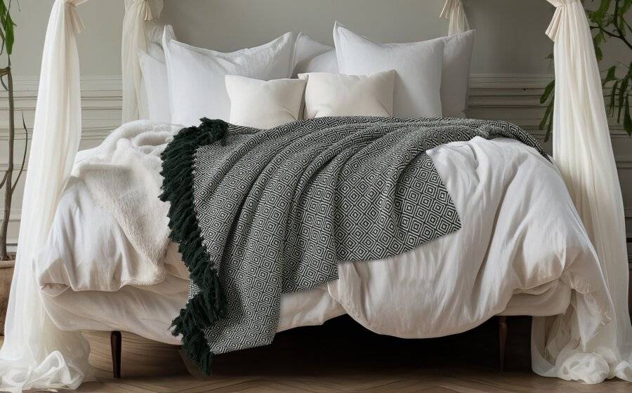 EHC King Size Big Diamond Woven Cotton Throw, Ivory/Green, 225 x 250cm