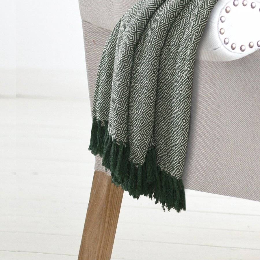 EHC King Size Big Diamond Woven Cotton Throw, Ivory/Green, 225 x 250cm