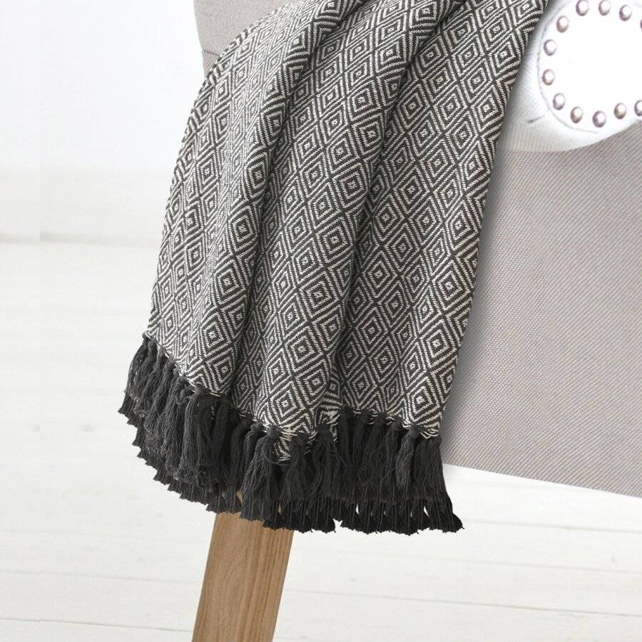 EHC King Size Big Diamond Woven Cotton Throw, Ivory/Grey, 225 x 250 cm