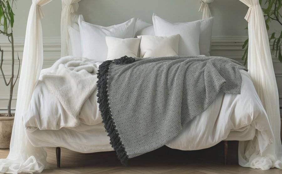 EHC Large Big Diamond Woven Cotton Throw, 180 x 250cm, Ivory/Grey