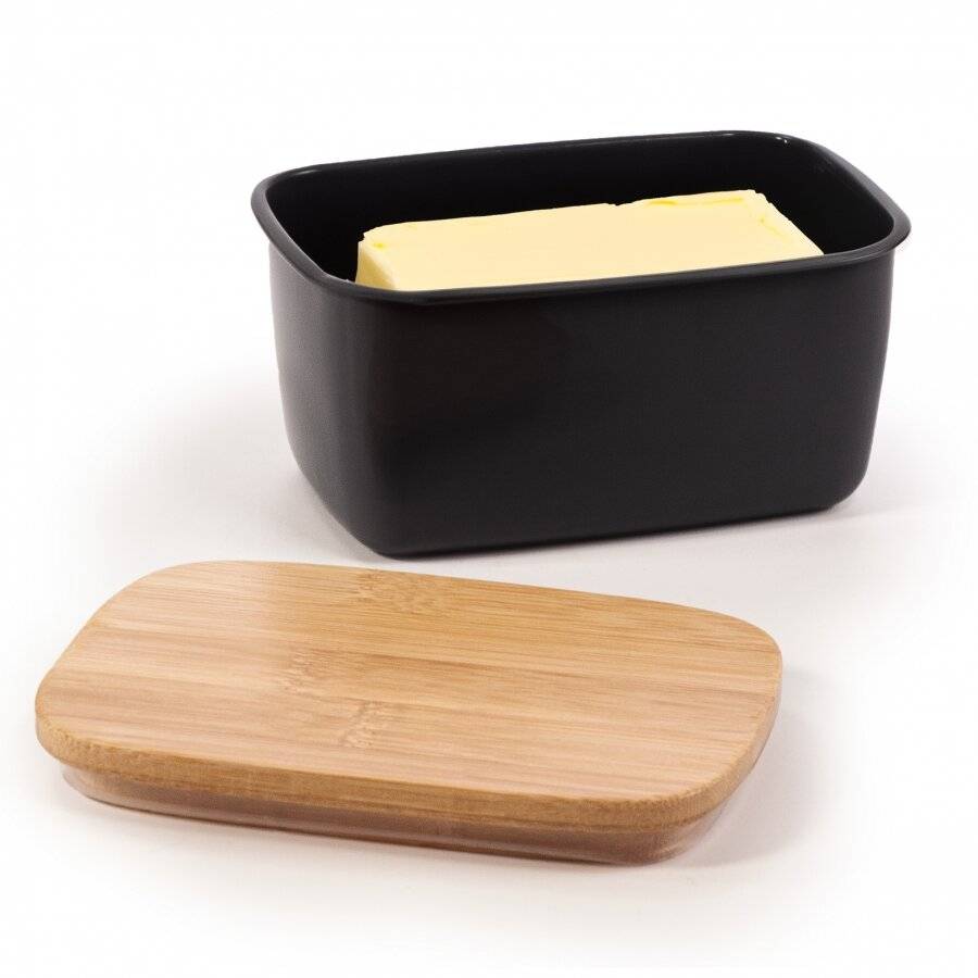 EHC Large Butter Dish With Bamboo Lid, 500ml, Black, 15 x 10 x 8 cm