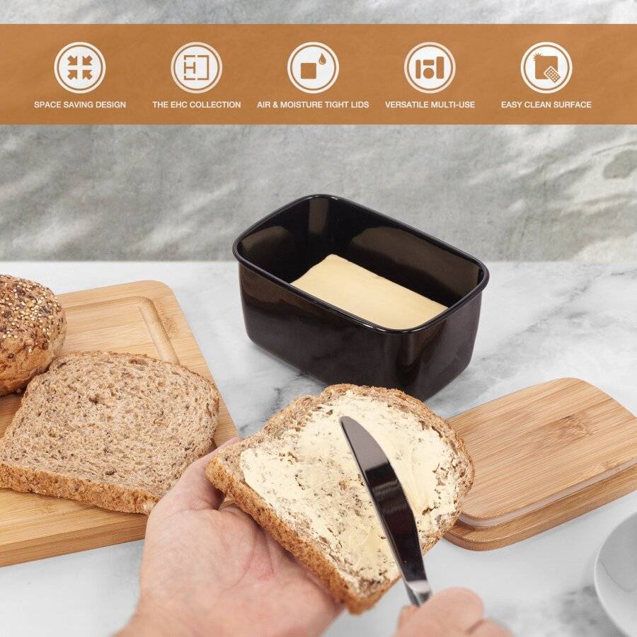 EHC Large Butter Dish With Bamboo Lid, 500ml, Black, 15 x 10 x 8 cm