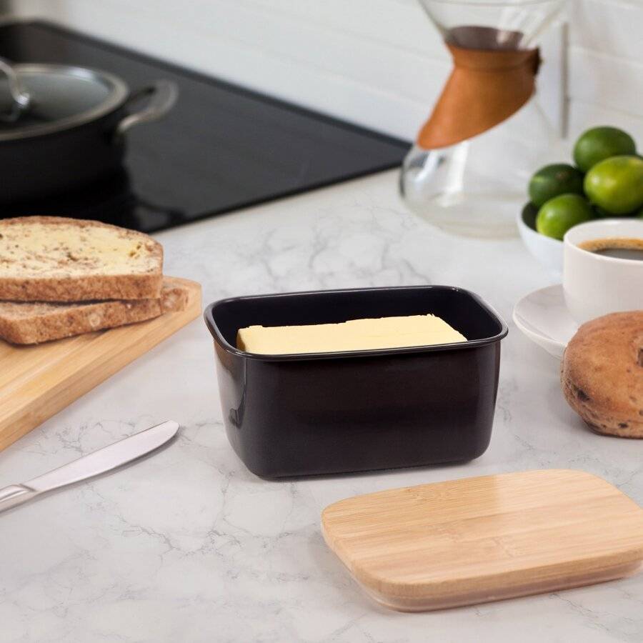 EHC Large Butter Dish With Bamboo Lid, 500ml, Black, 15 x 10 x 8 cm