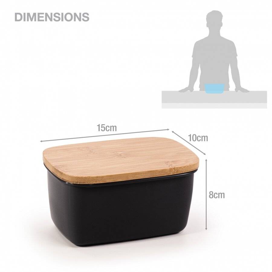 EHC Large Butter Dish With Bamboo Lid, 500ml, Black, 15 x 10 x 8 cm