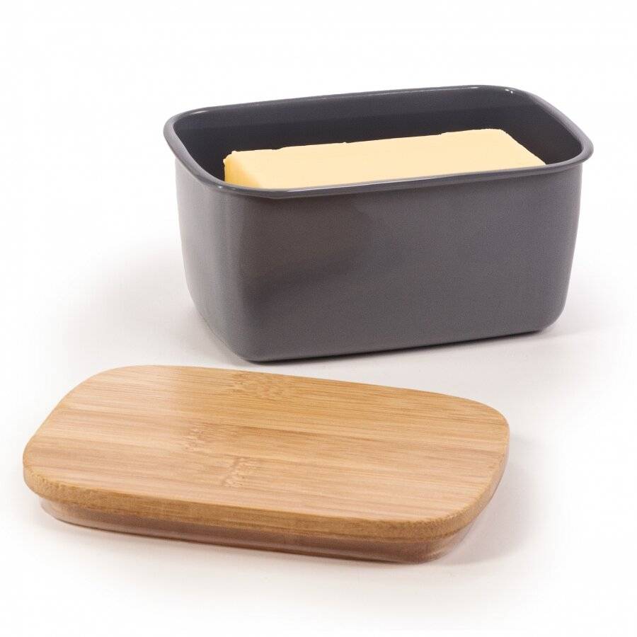EHC Large Butter Dish With Bamboo Lid, 500ml, Dark Grey, 15 x 10 x 8cm