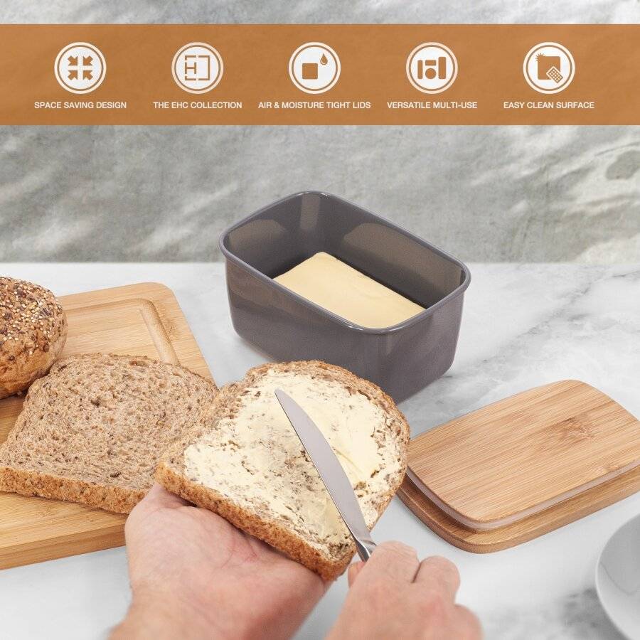 EHC Large Butter Dish With Bamboo Lid, 500ml, Dark Grey, 15 x 10 x 8cm