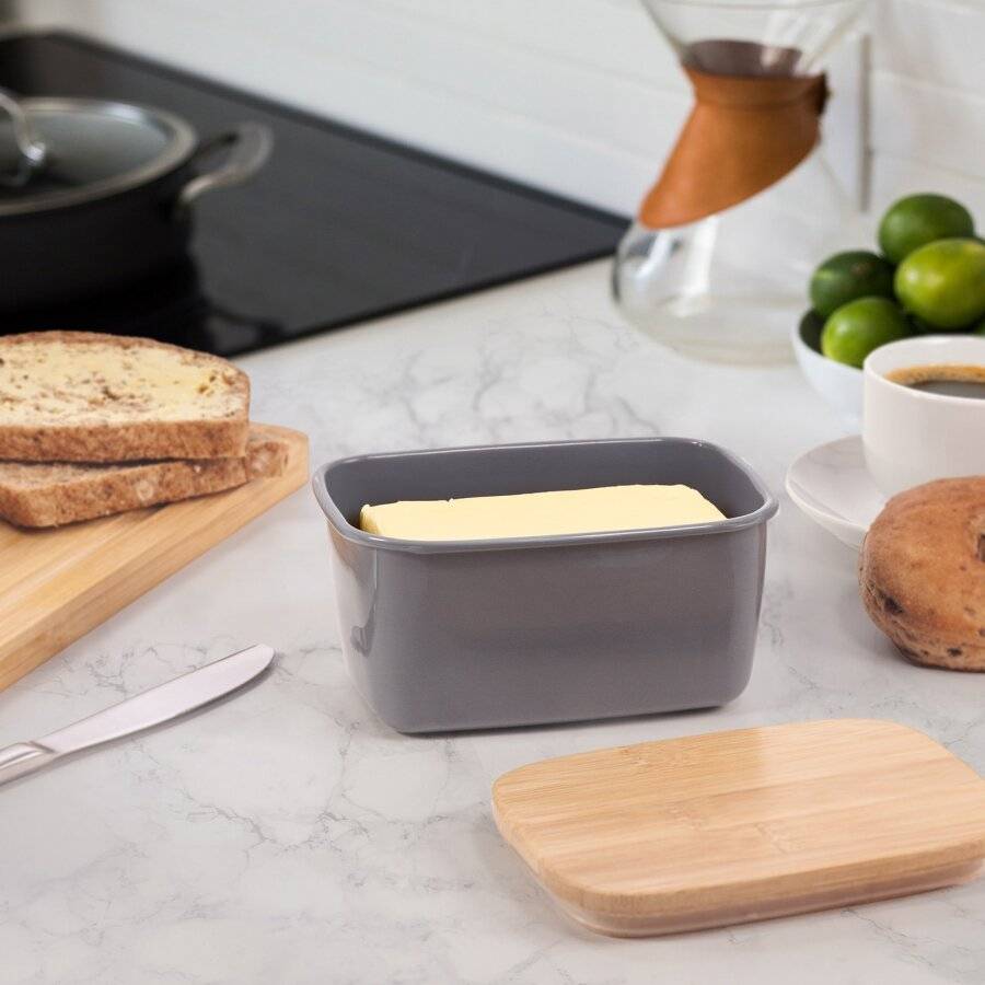 EHC Large Butter Dish With Bamboo Lid, 500ml, Dark Grey, 15 x 10 x 8cm