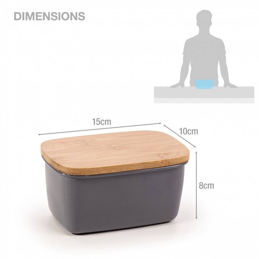 EHC Large Butter Dish With Bamboo Lid, 500ml, Dark Grey, 15 x 10 x 8cm