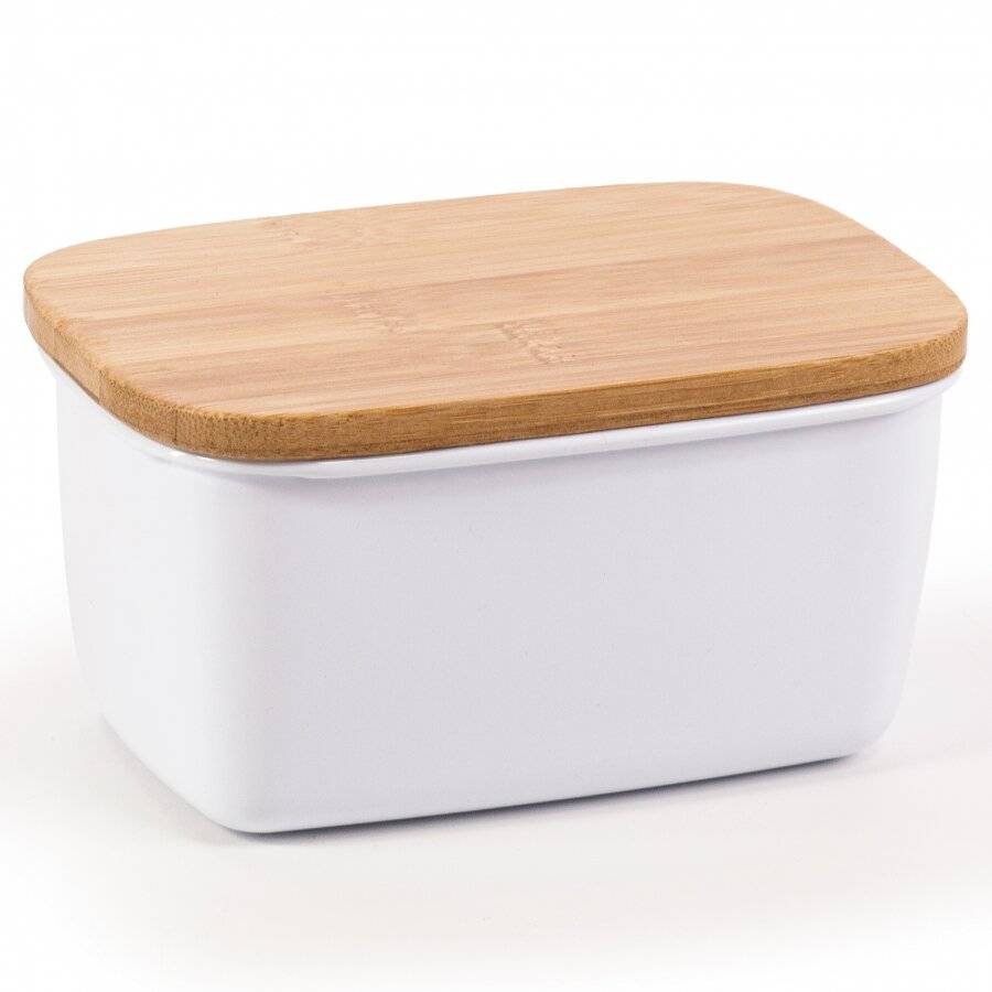 EHC Large Butter Dish With Bamboo Lid, 500ml, White, 15 x 10 x 8cm