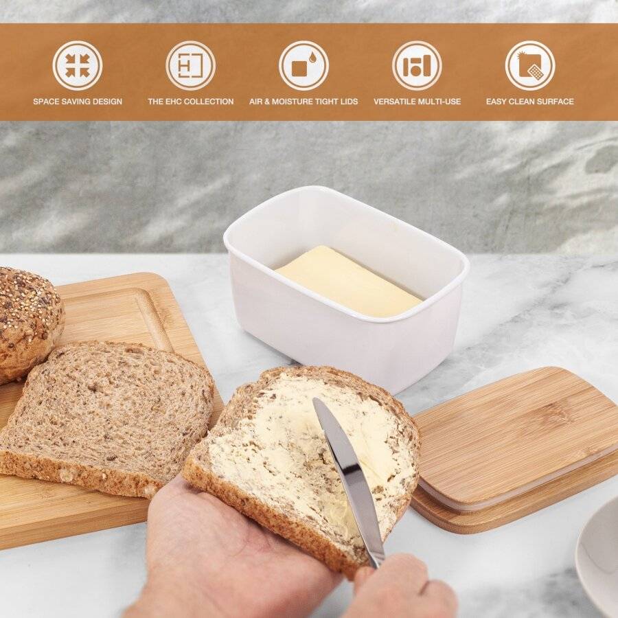 EHC Large Butter Dish With Bamboo Lid, 500ml, White, 15 x 10 x 8cm
