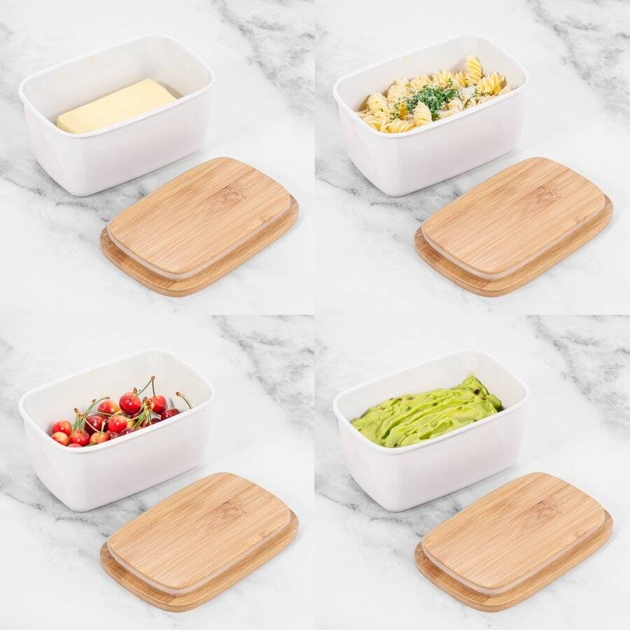 EHC Large Butter Dish With Bamboo Lid, 500ml, White, 15 x 10 x 8cm