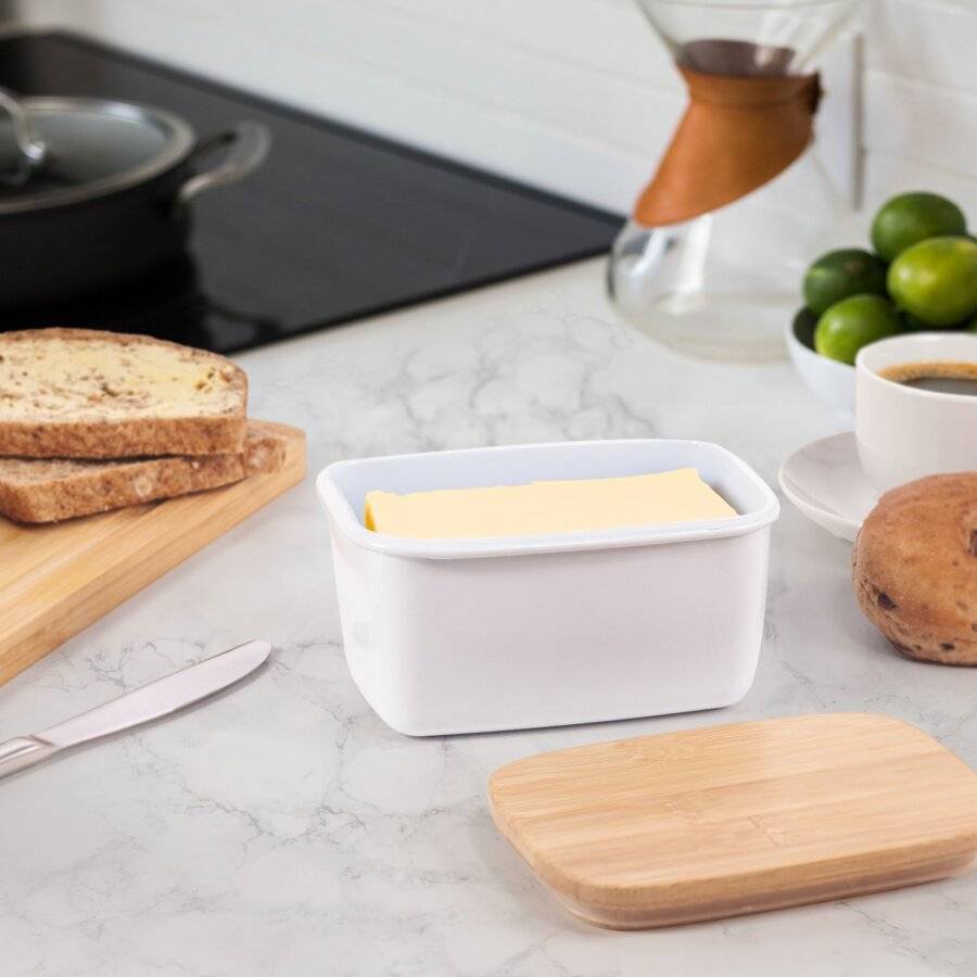 EHC Large Butter Dish With Bamboo Lid, 500ml, White, 15 x 10 x 8cm