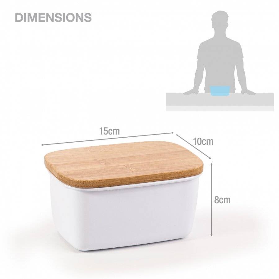 EHC Large Butter Dish With Bamboo Lid, 500ml, White, 15 x 10 x 8cm