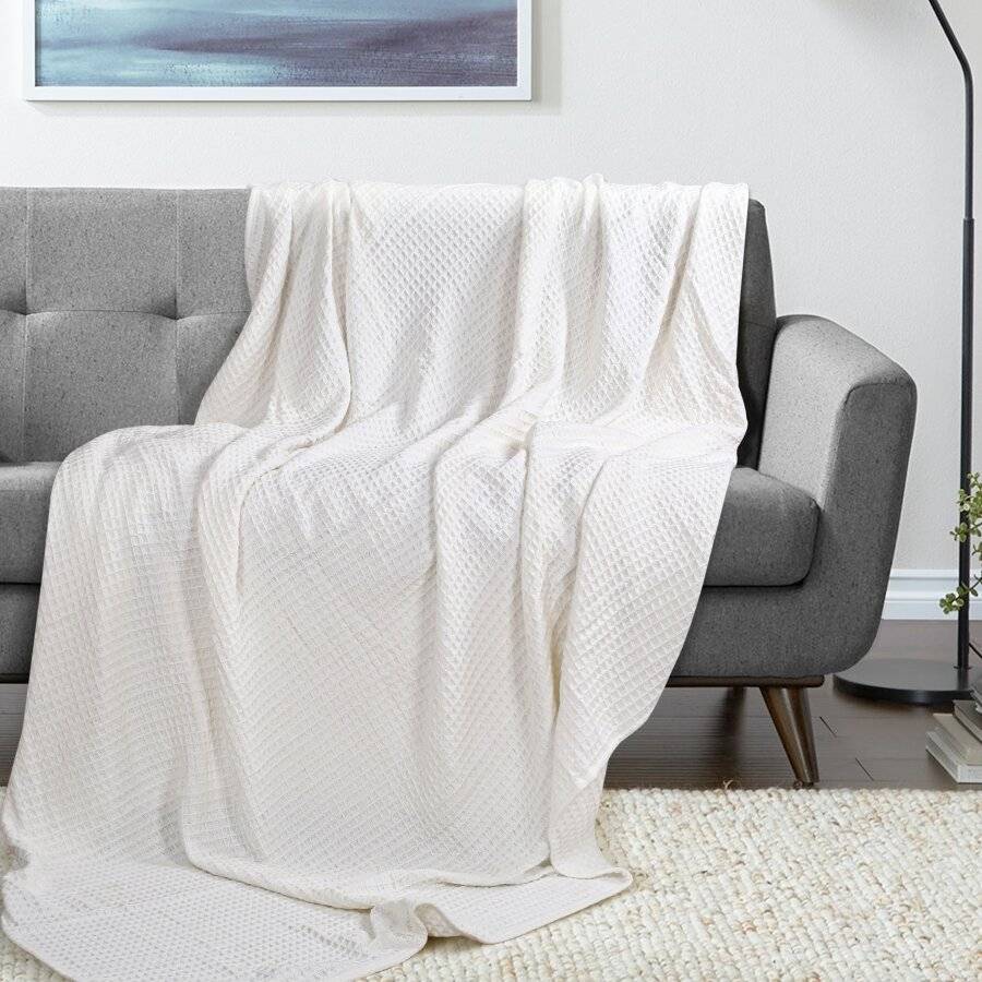 EHC Soft Chunky Cotton Waffle Single Throw For Sofa & Bed - Ivory