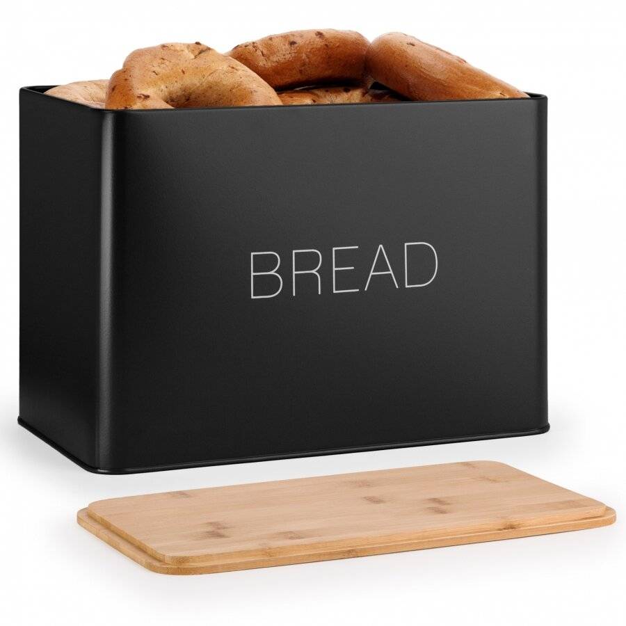 EHC Large Metal Bread Bin With Bamboo Lid For Kitchen Storage, Black