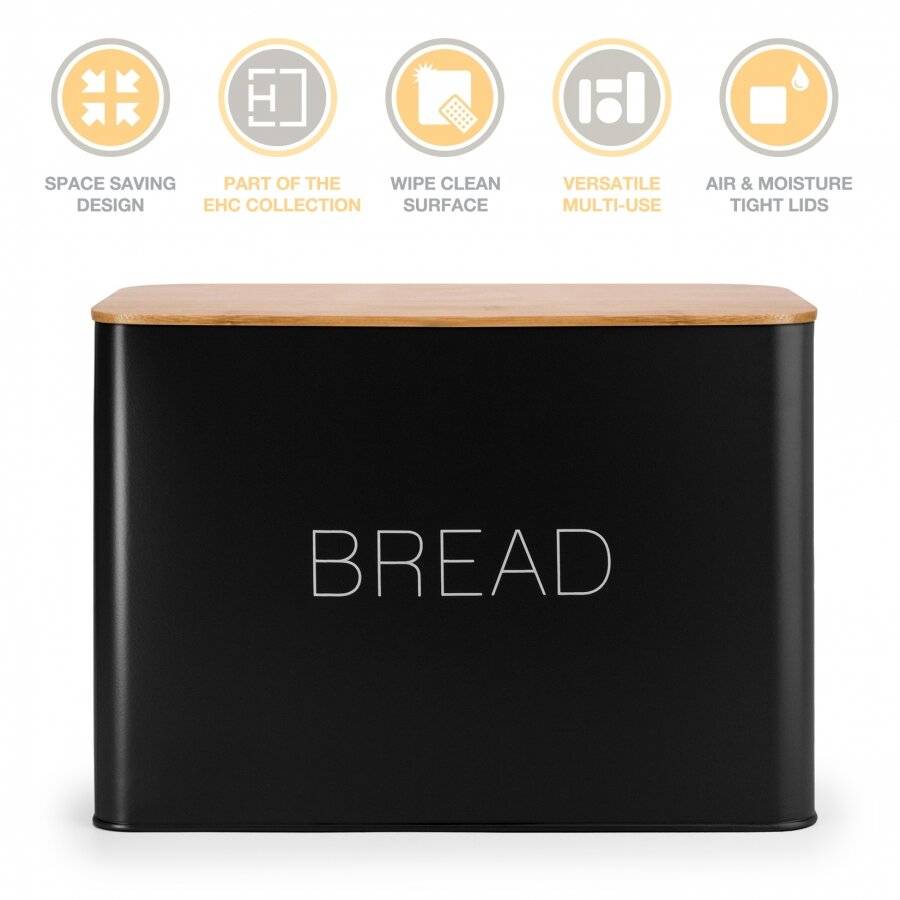 EHC Large Metal Bread Bin With Bamboo Lid For Kitchen Storage, Black