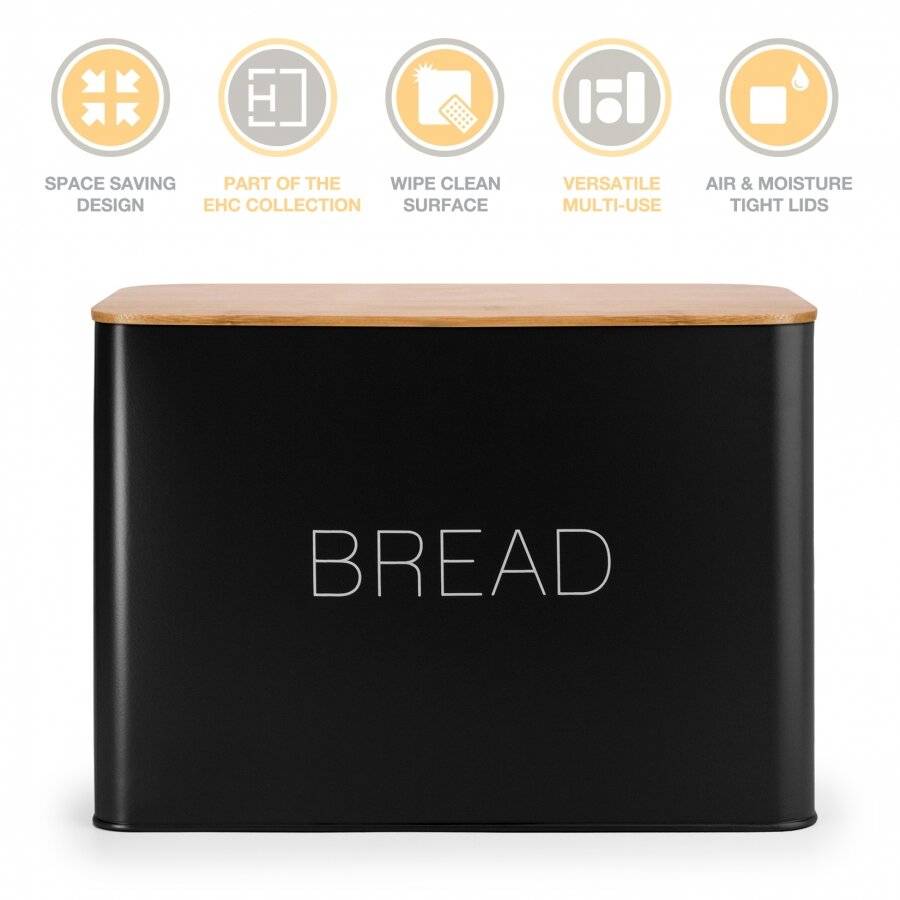 EHC Large Metal Bread Bin With Bamboo Lid For Kitchen Storage, Black