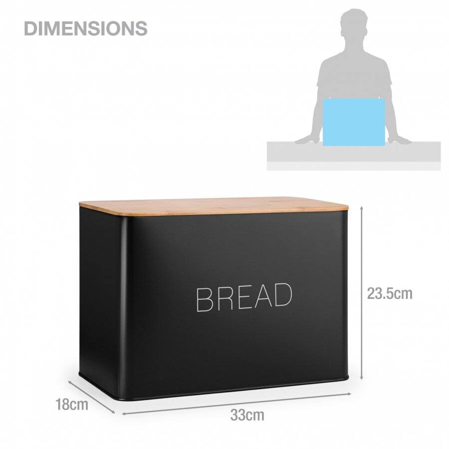 EHC Large Metal Bread Bin With Bamboo Lid For Kitchen Storage, Black