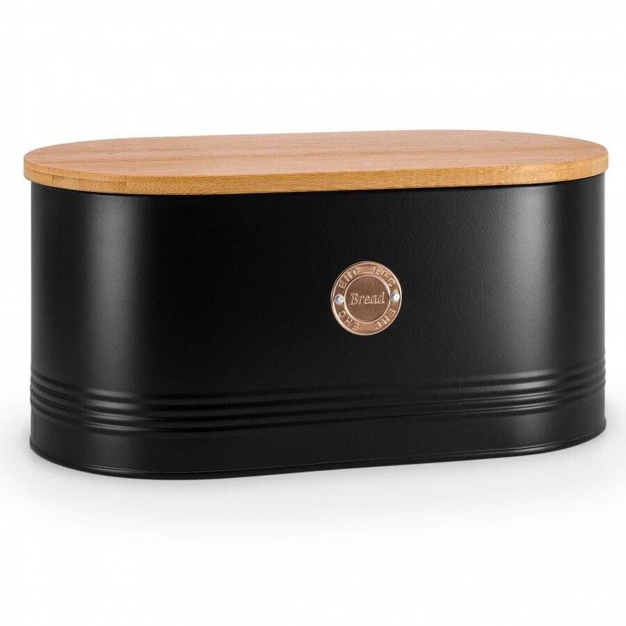 EHC Large Metal Bread Bin With Bamboo Lid For Kitchen, Black