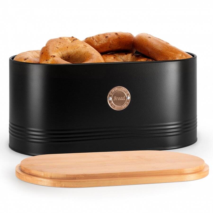 EHC Large Metal Bread Bin With Bamboo Lid For Kitchen, Black