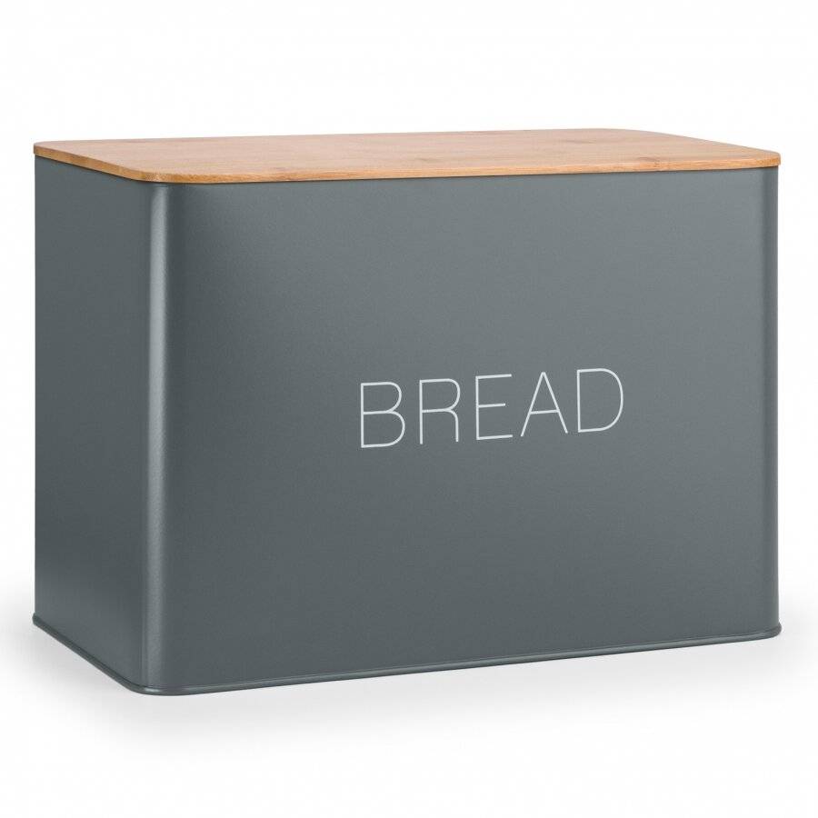 EHC Large Metal Bread Bin With Bamboo Lid, Grey