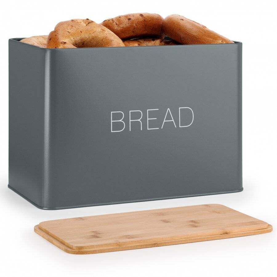 EHC Large Metal Bread Bin With Bamboo Lid, Grey