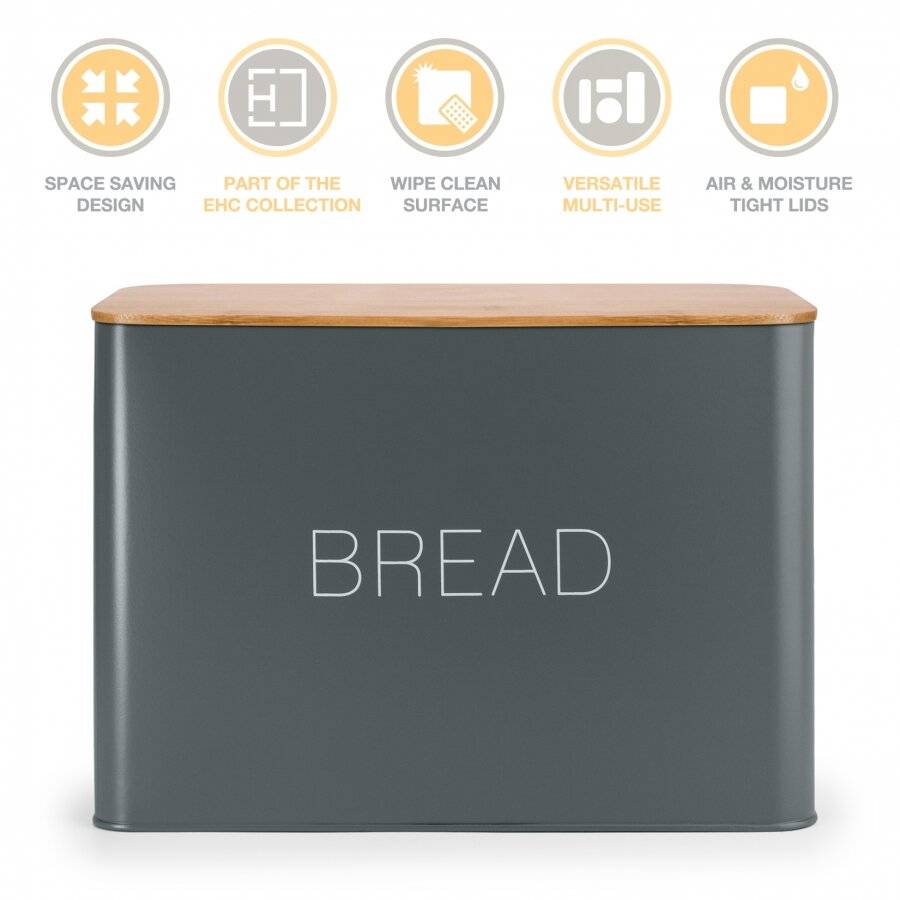 EHC Large Metal Bread Bin With Bamboo Lid, Grey