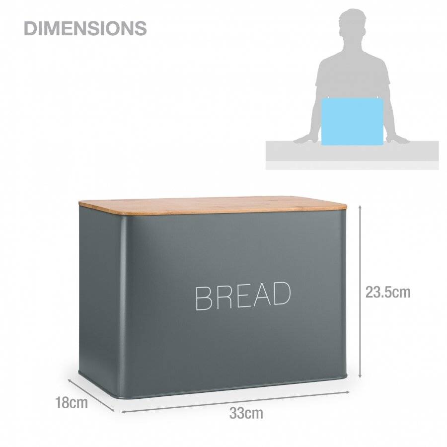 EHC Large Metal Bread Bin With Bamboo Lid, Grey