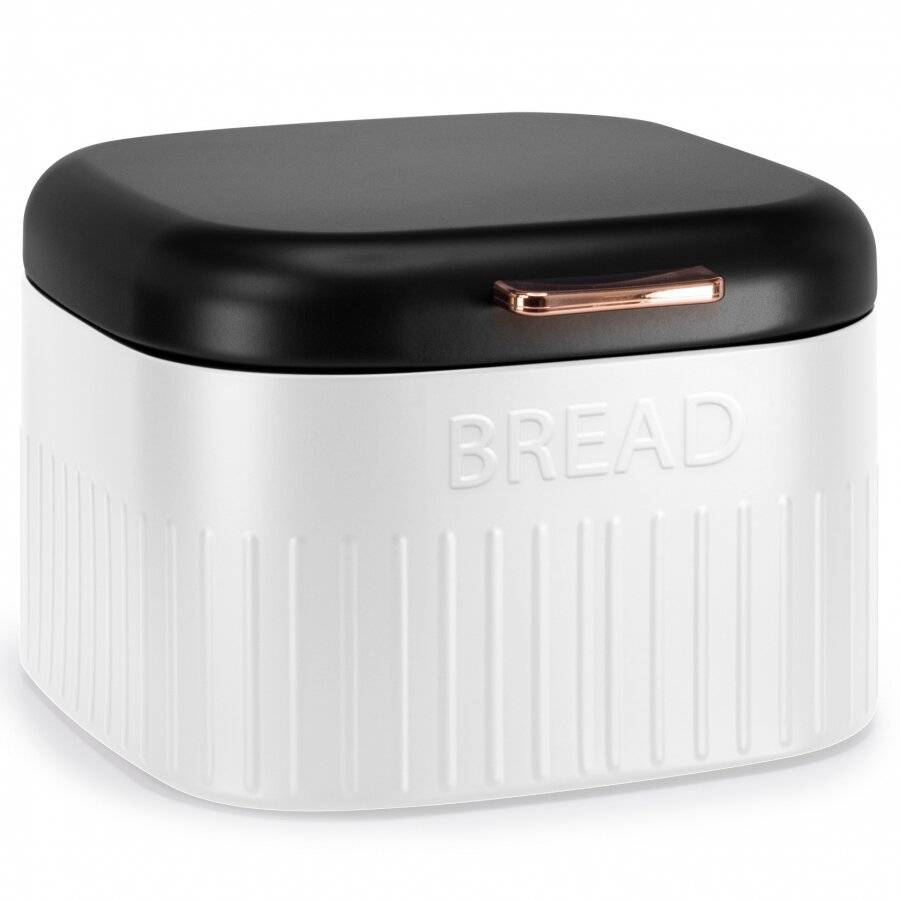 EHC Large Metal Bread Bin With Curved Hinged Lid, Black & White
