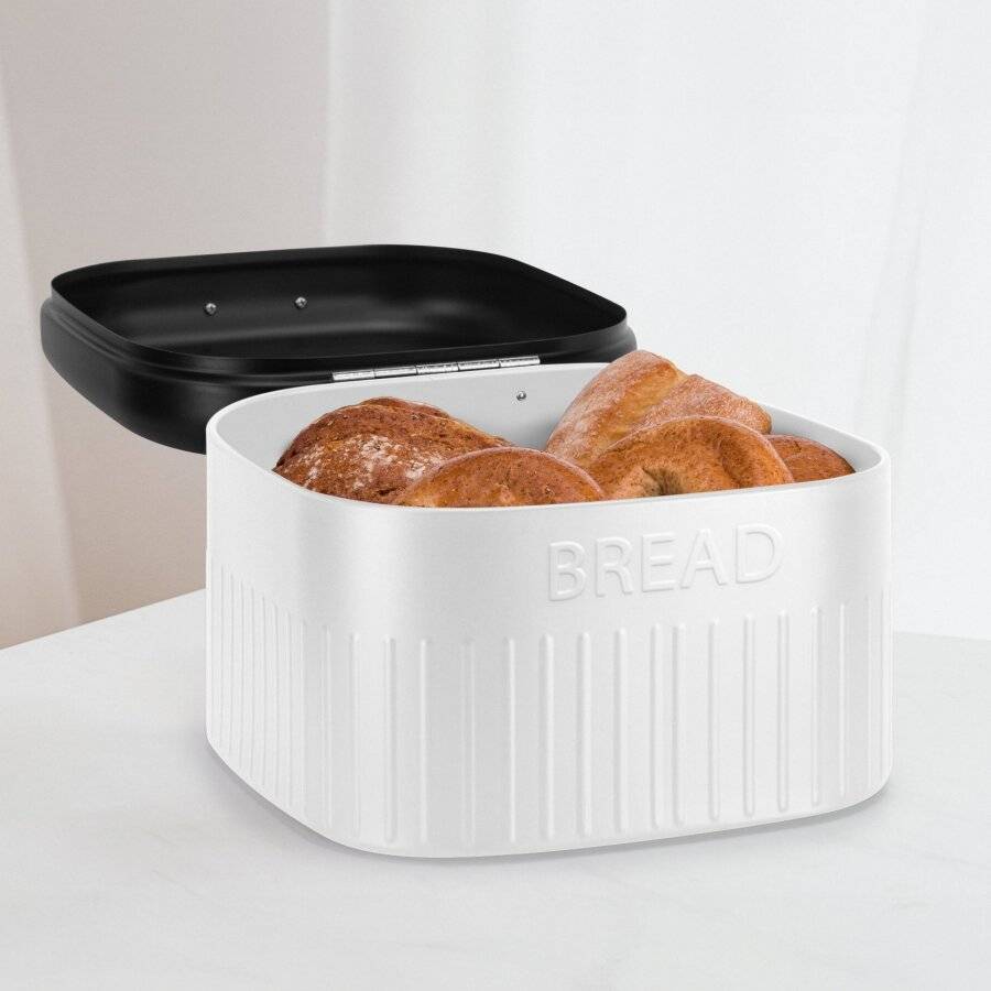 EHC Large Metal Bread Bin With Curved Hinged Lid, Black & White