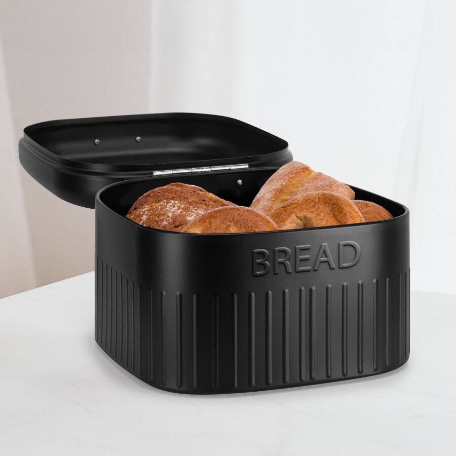 EHC Large Metal Bread Bin With Curved Hinged Lid, Black