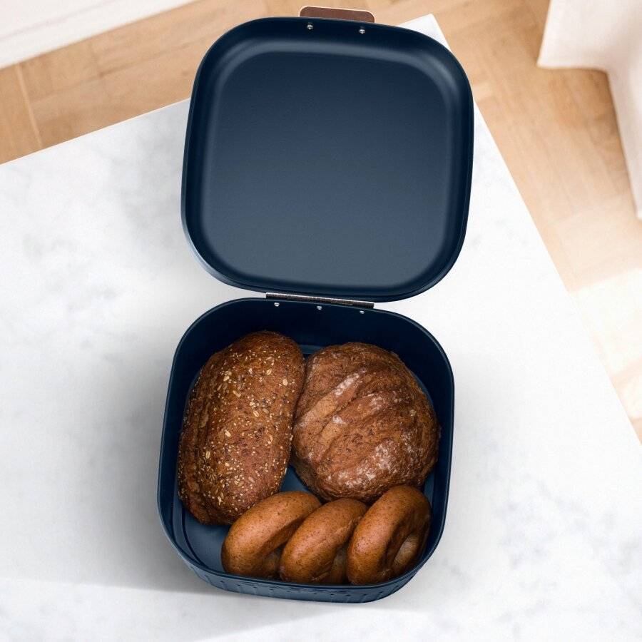 EHC Large Metal Bread Bin With Curved Hinged Lid, Navy Blue