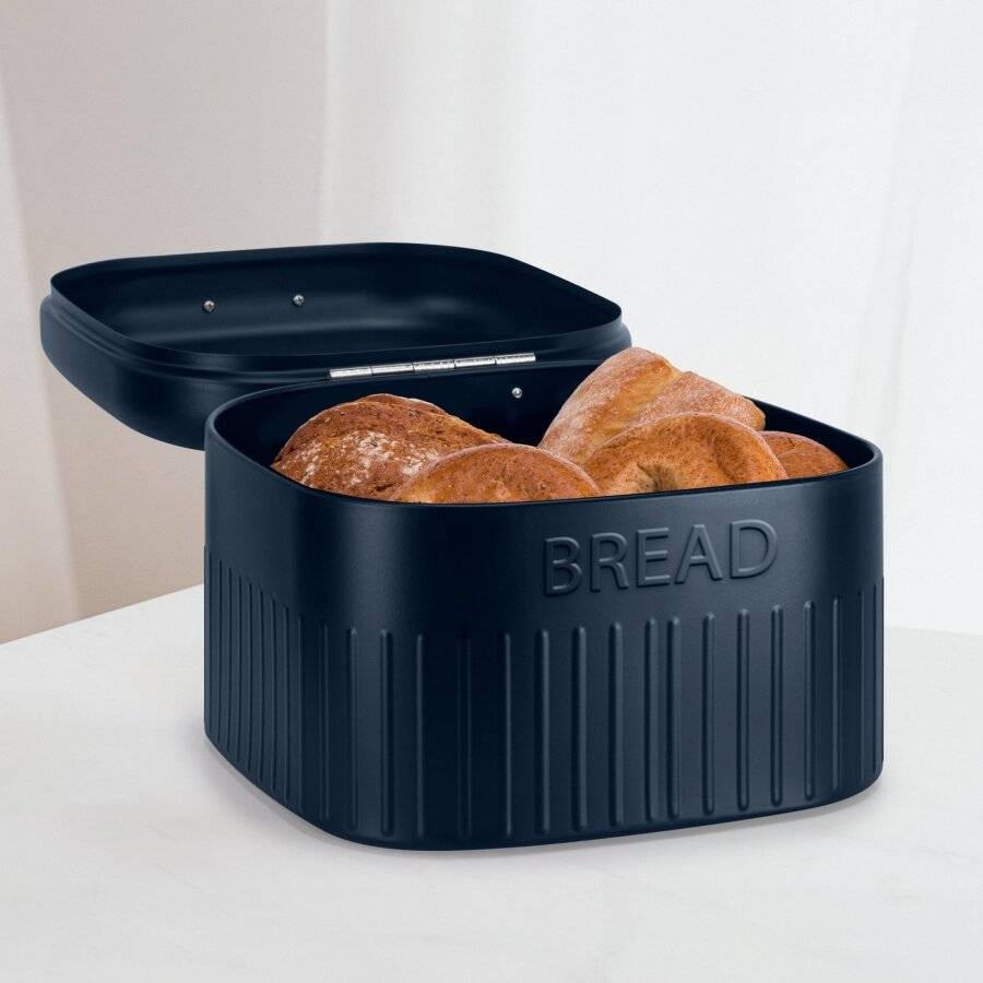 EHC Large Metal Bread Bin With Curved Hinged Lid, Navy Blue