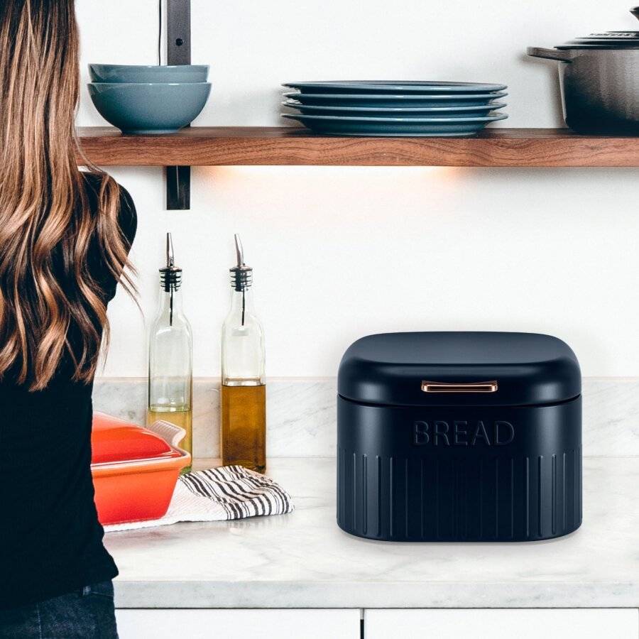 EHC Large Metal Bread Bin With Curved Hinged Lid, Navy Blue