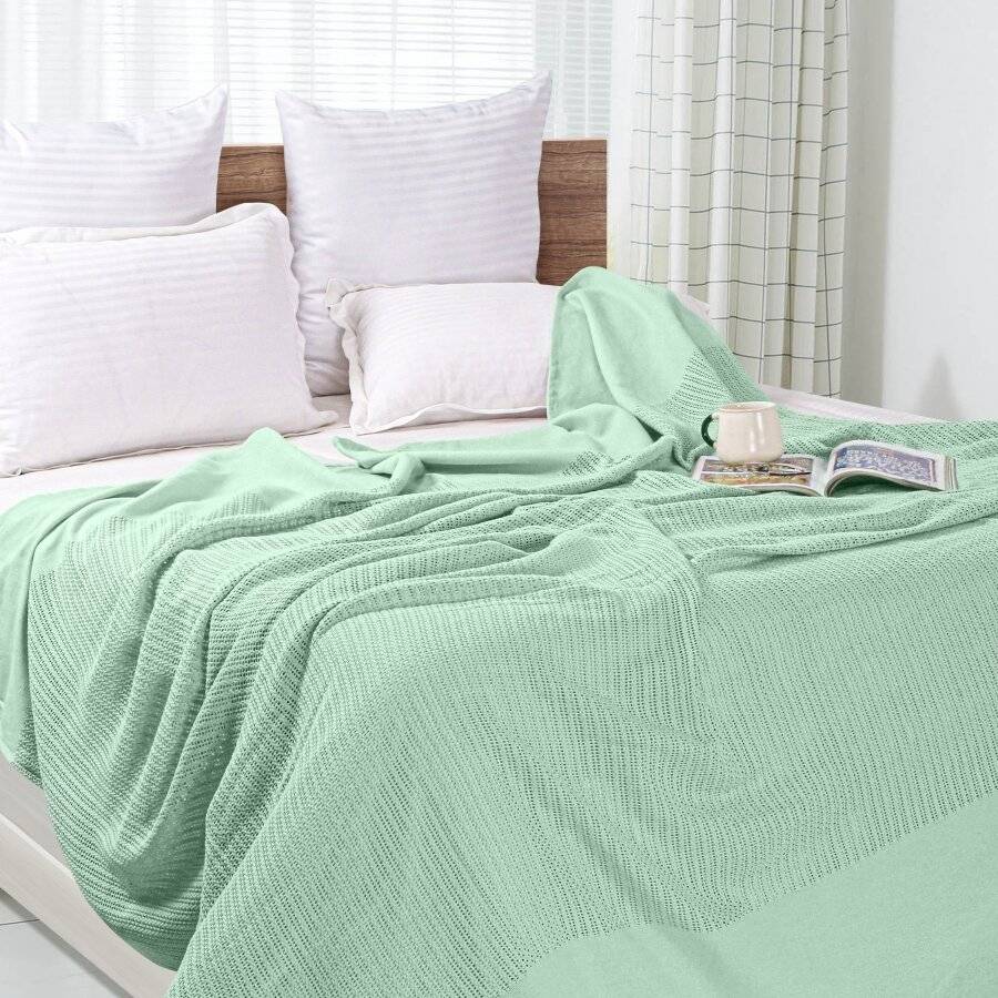 EHC Lightweight Hand Woven Adult Cellular Cotton Blanket, Double- Sage