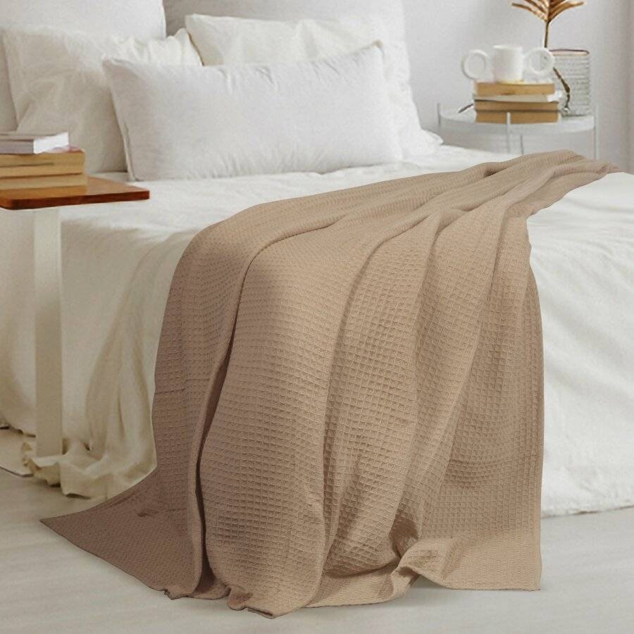 EHC Luxuriously Soft Chunky Cotton Waffle Throws, King Size - Beige