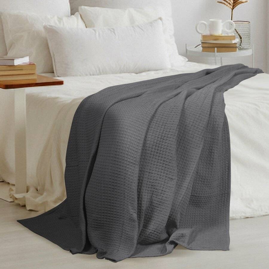 EHC Luxuriously Soft Chunky Cotton Waffle Throws, King Size - Grey