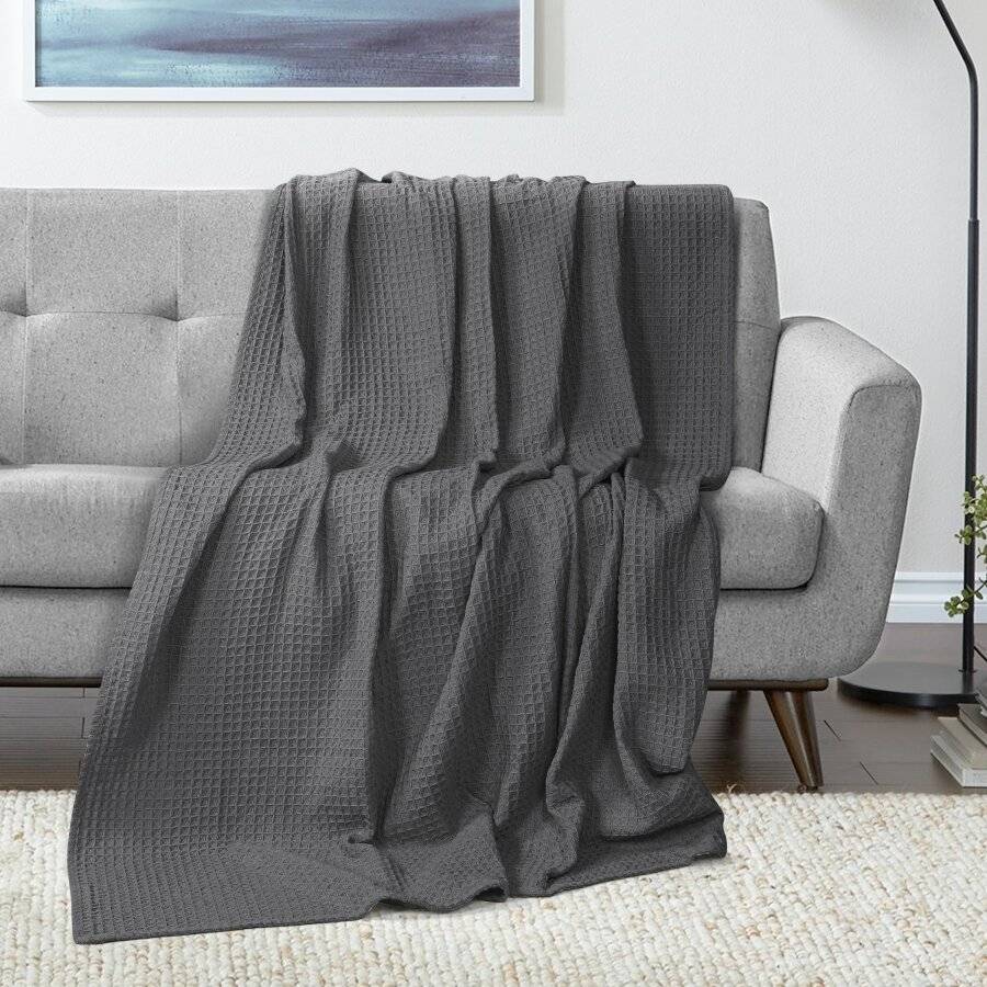 EHC Luxuriously Soft Chunky Cotton Waffle Throws, King Size - Grey