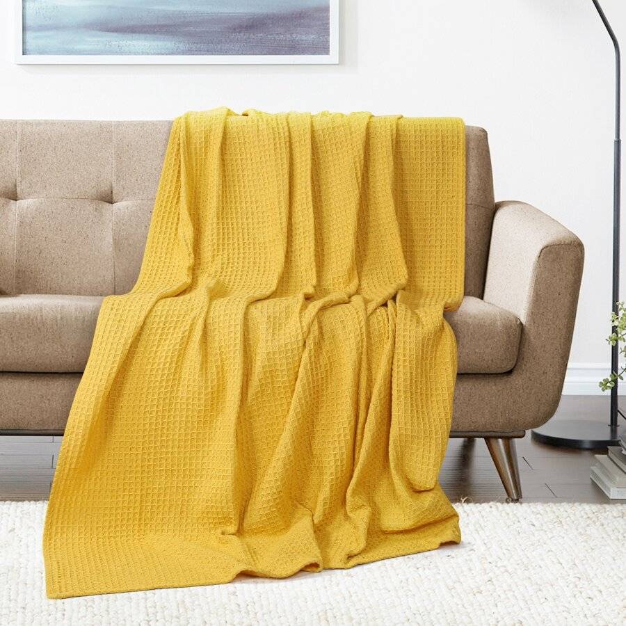 EHC Luxuriously Soft Chunky Cotton Waffle Throws, King Size - Yellow