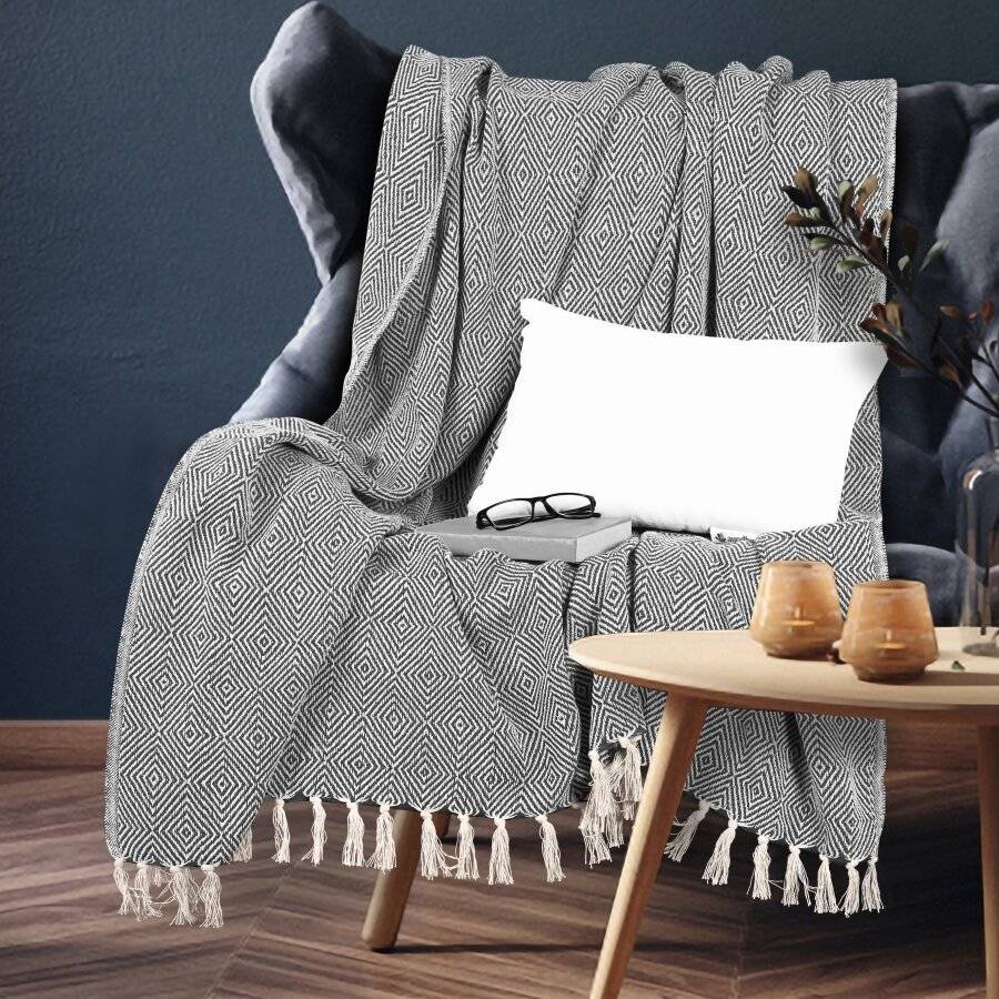 EHC Luxury Super Soft Cotton Diamond Large Throw - Grey, 150 x 200 cm