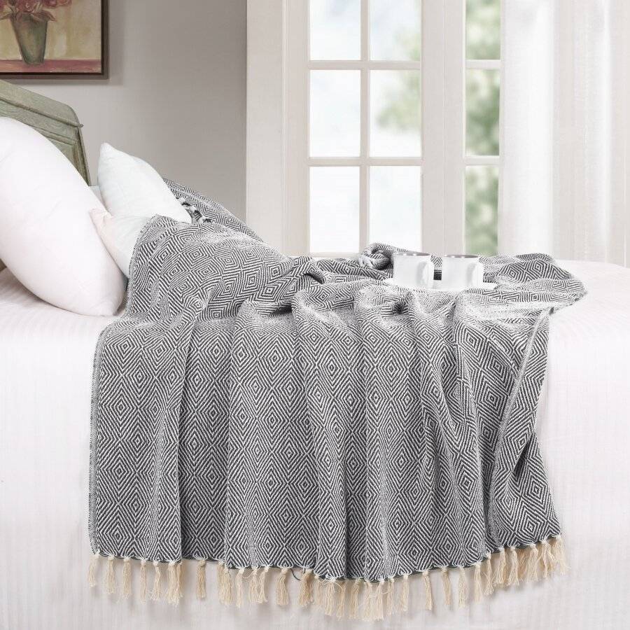 EHC Luxury Super Soft Cotton Diamond Large Throw - Grey, 150 x 200 cm