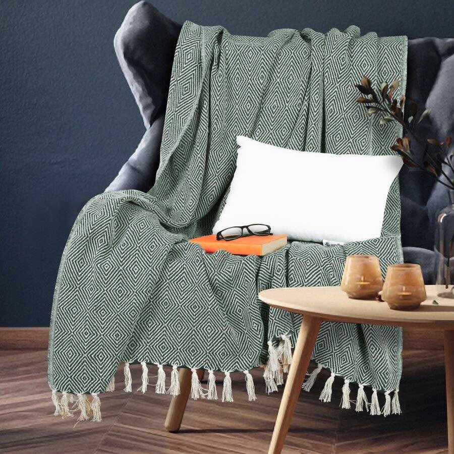 EHC Luxury Cotton Diamond Large Throw - Hunter Green, 150 x 200 cm