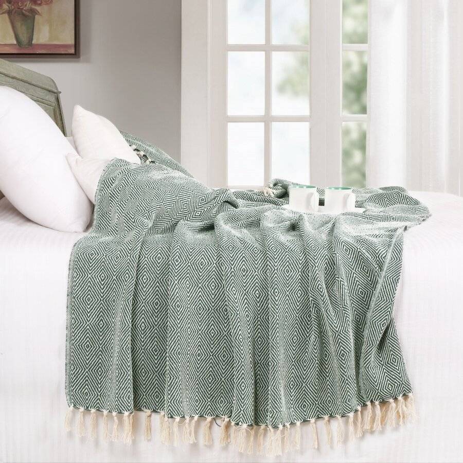 EHC Luxury Cotton Diamond Large Throw - Hunter Green, 150 x 200 cm