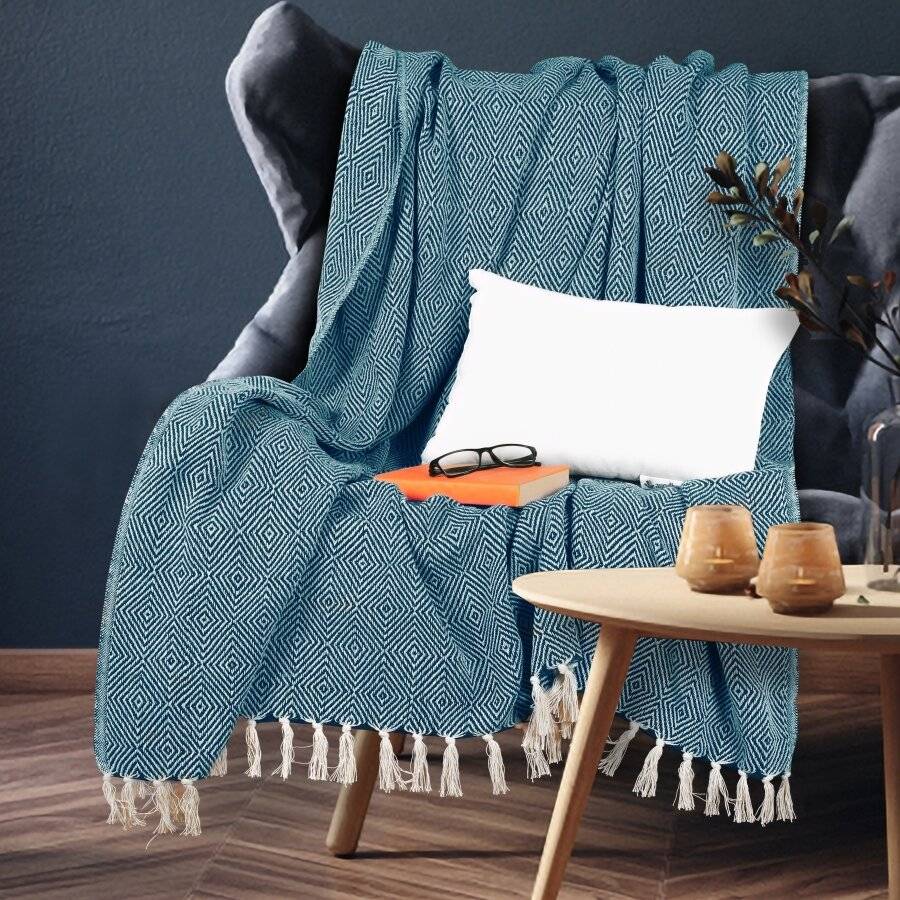 EHC Luxury Cotton Diamond Large Throw - Peacock, 150 x 200 cm