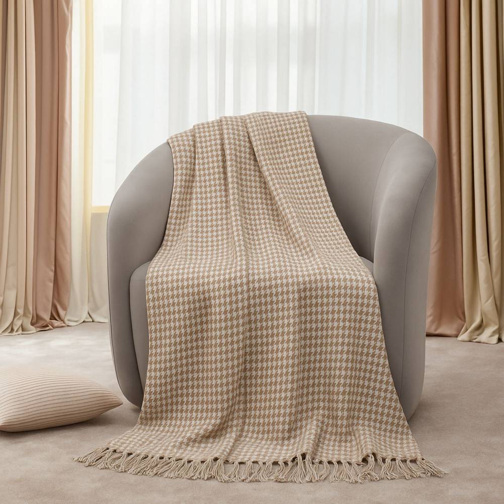 EHC Luxury Cotton Houndstooth Throw Blanket, 127 x 152 cm, Beige
