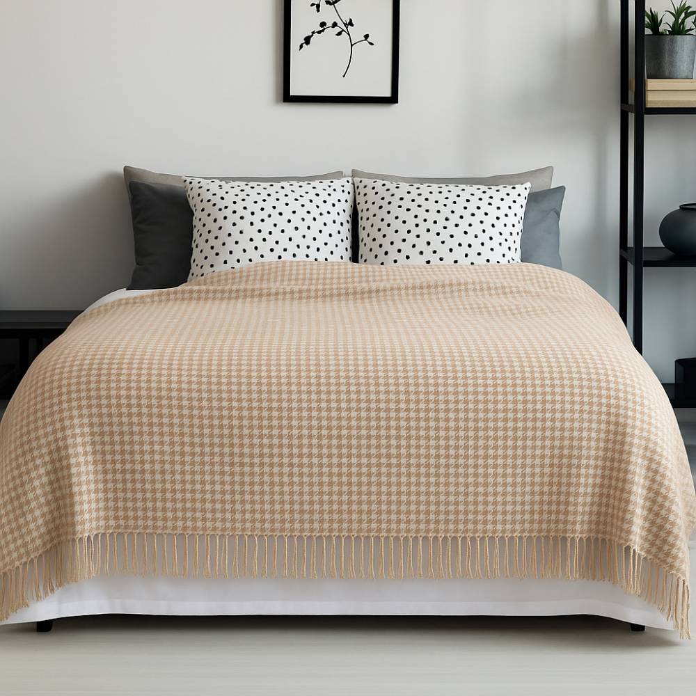 EHC Luxury Cotton Houndstooth Throw Blanket, 127 x 152 cm, Beige