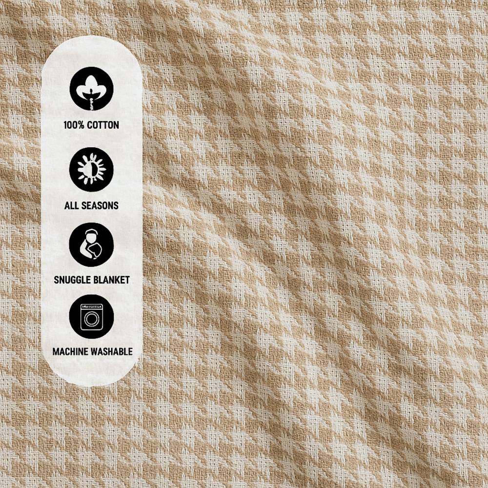 EHC Luxury Cotton Houndstooth Throw Blanket, 127 x 152 cm, Beige